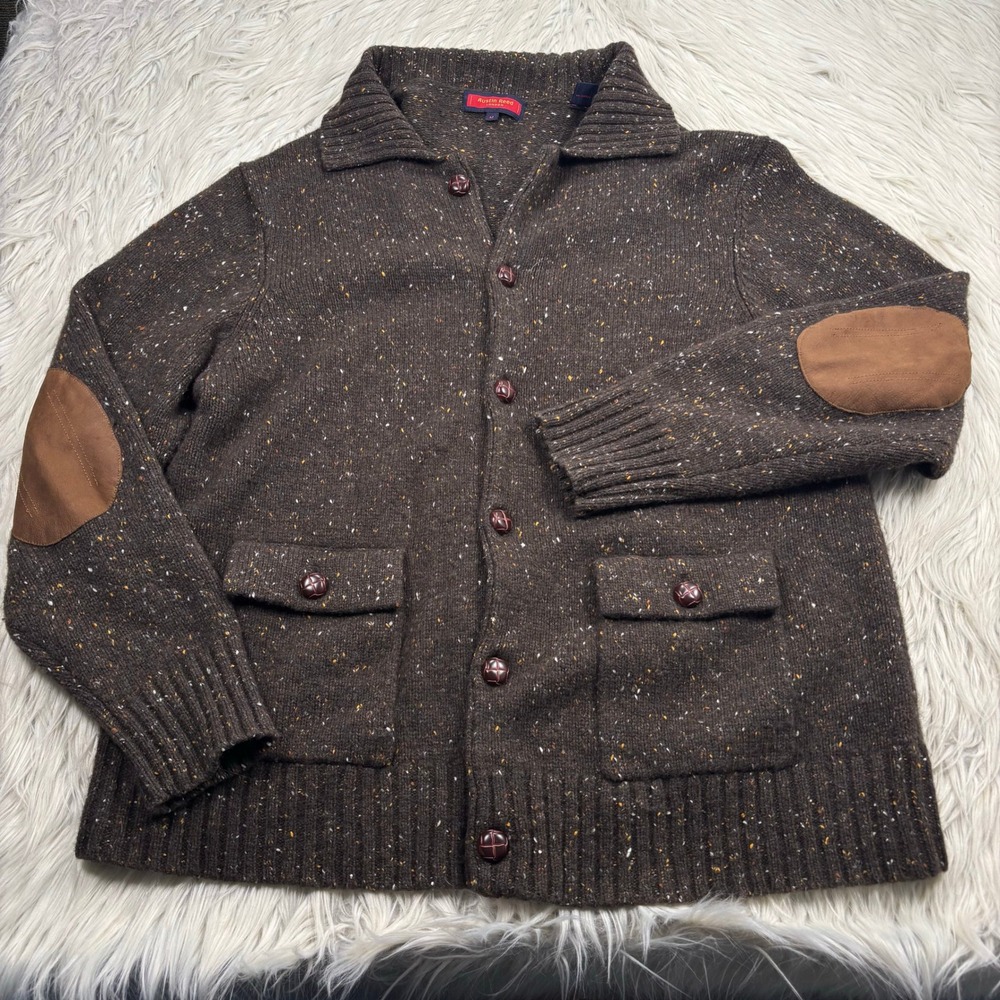 Austin Reed Men's M Brown Speckled Collared Cardigan Elbow Pads Preppy Heritage